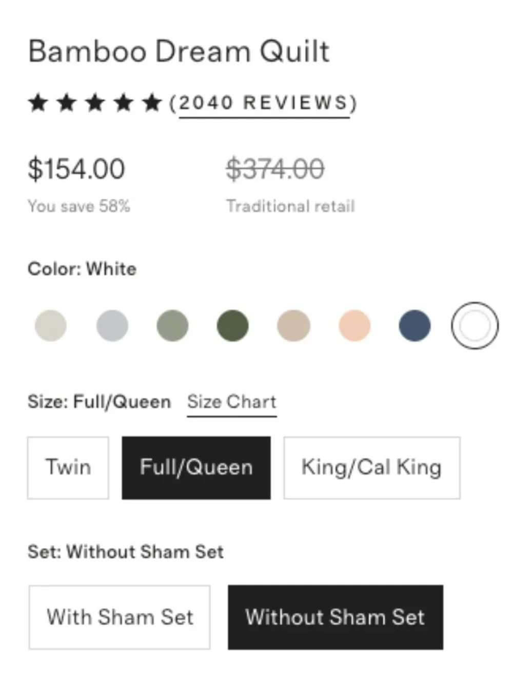 Quince Bamboo Dream Quilt – Full/Queen – White – No Shams